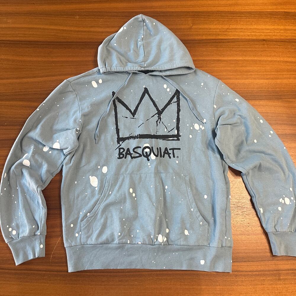 Jean Michal Basquiat Blue Paint Splatter Hoodie, Streetwear, Cozy, Men's Small